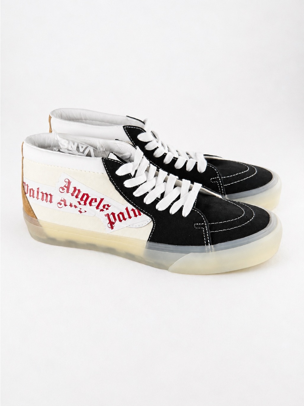 Size 9.5M- Vans Palm Angels Black & White High-Top Sneakers with Red Script